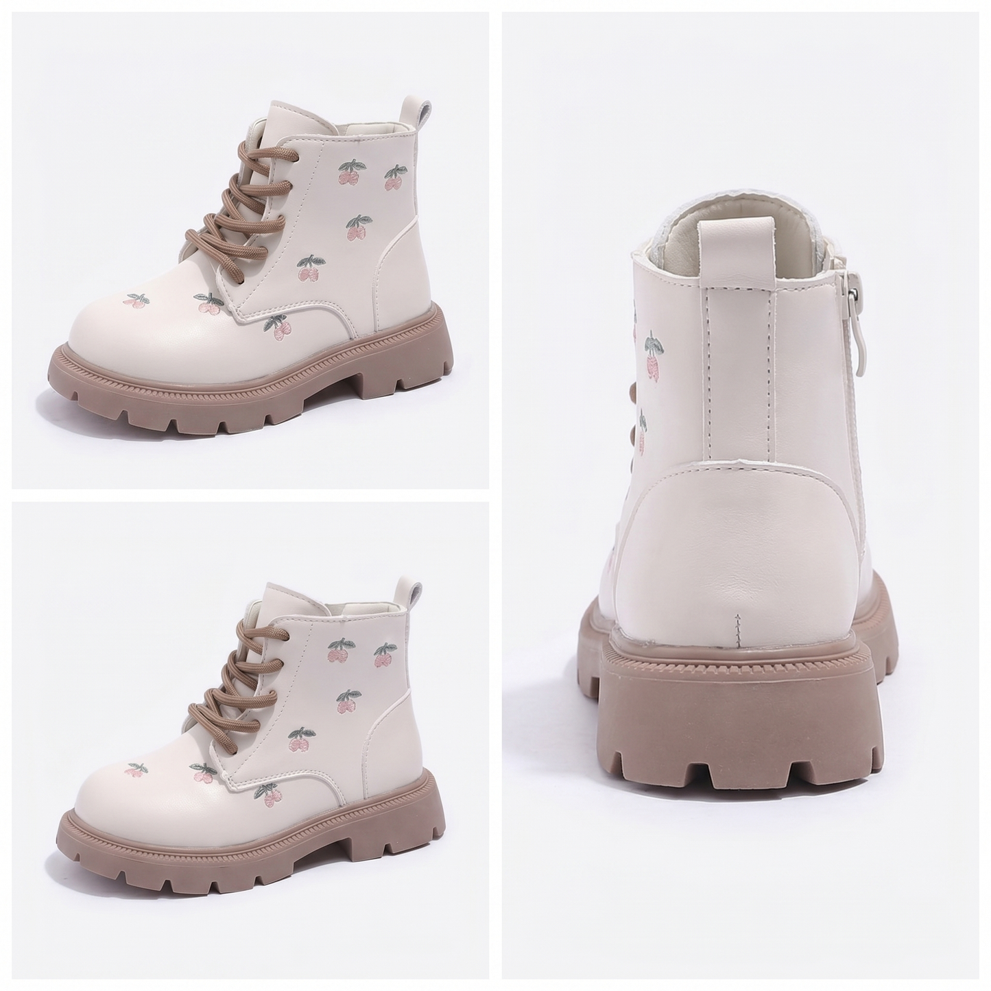 Cherry Embroidered Girls' Combat Boots
