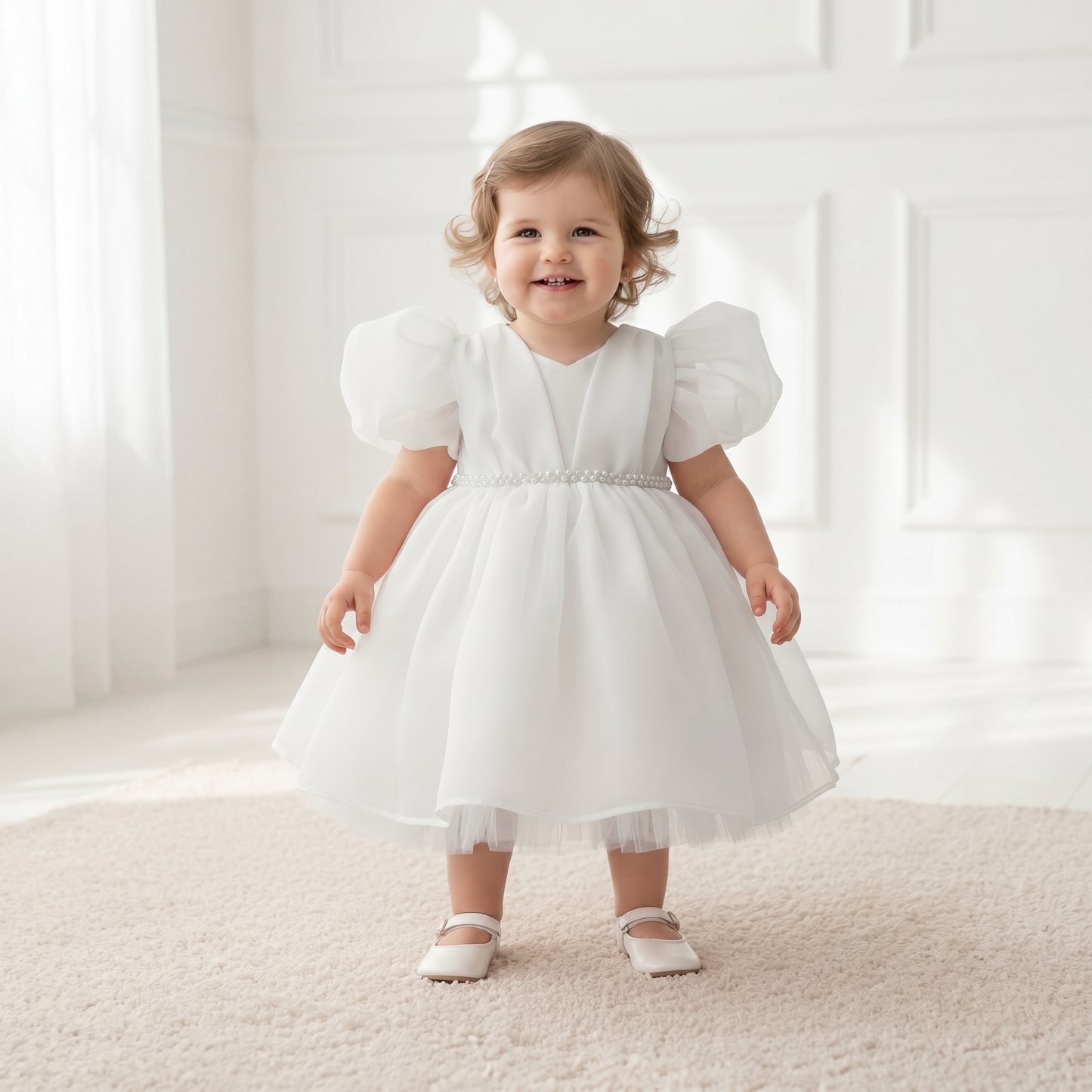 Pearl Puff Sleeve Tulle Dress – White