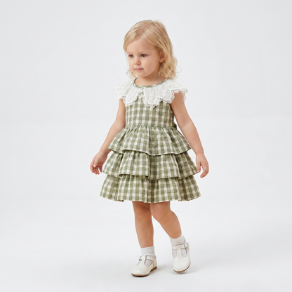 Sage Gingham Tiered Collar Dress
