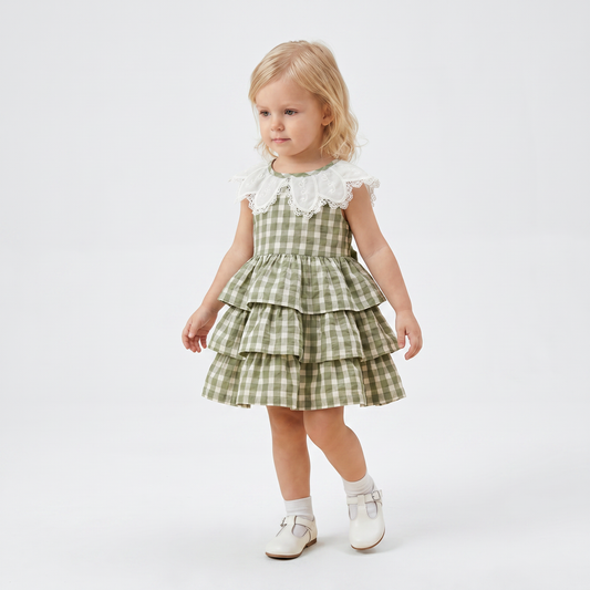 Sage Gingham Tiered Collar Dress