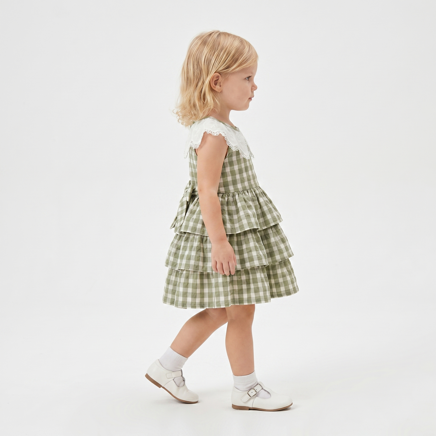 Sage Gingham Tiered Collar Dress