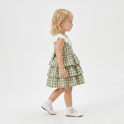 Sage Gingham Tiered Collar Dress