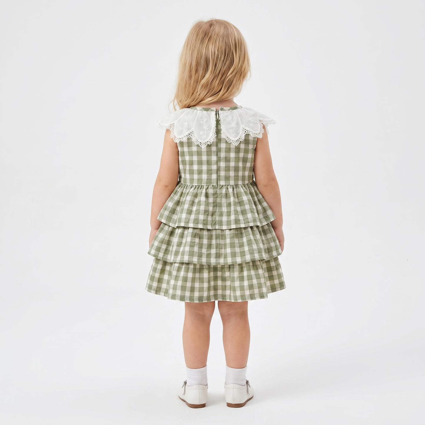 Sage Gingham Tiered Collar Dress