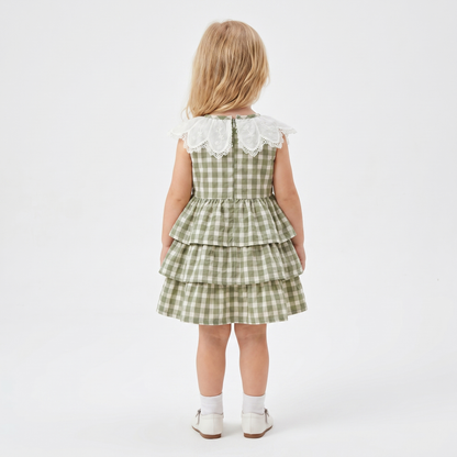 Sage Gingham Tiered Collar Dress