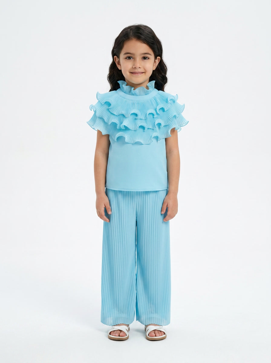 Ruffle Wave Pleated Top – Sky Blue