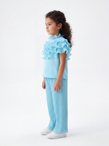 Ruffle Wave Pleated Top – Sky Blue