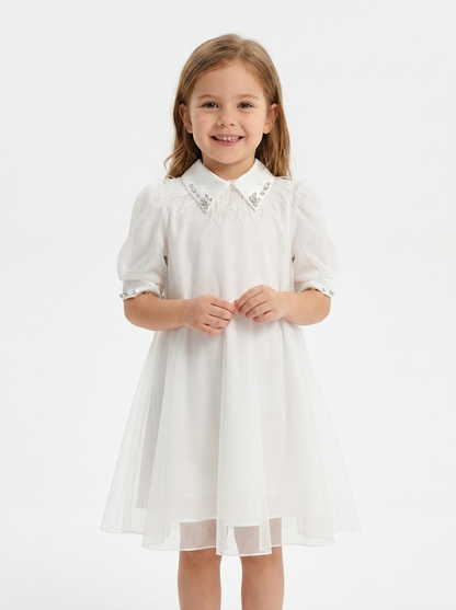 Crystal Collar Organza Dress – White
