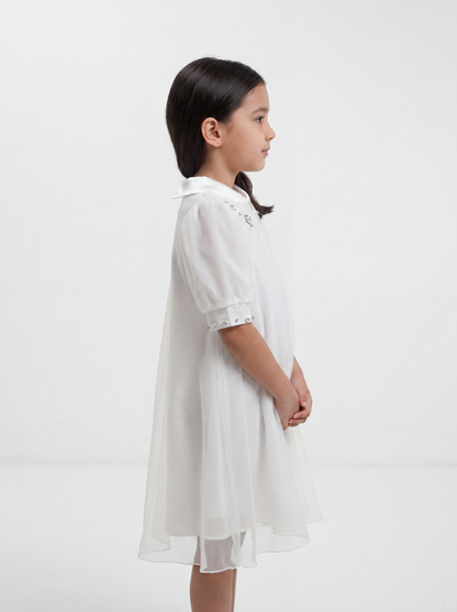 Crystal Collar Organza Dress – White