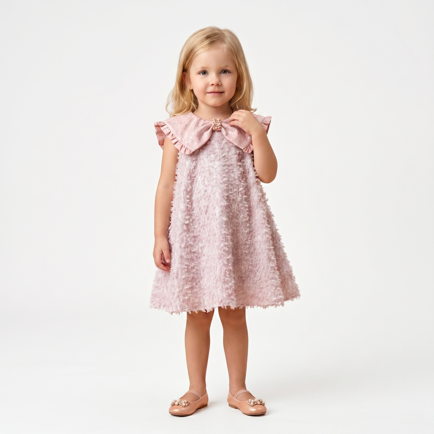 Feather Texture Bow Dress – Dusty Pink