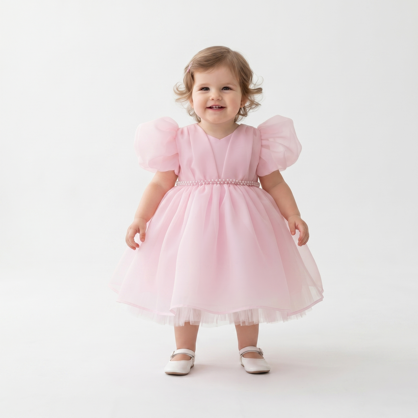 Pearl Puff Sleeve Tulle Dress – Baby Pink