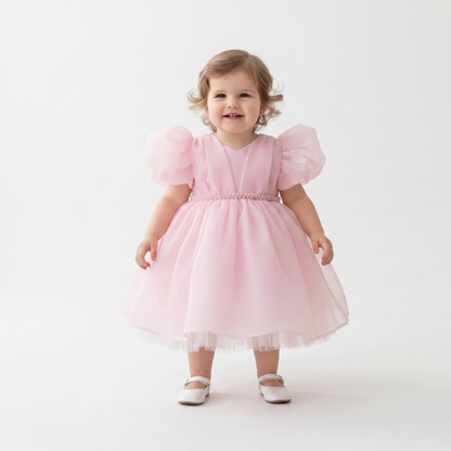 Pearl Puff Sleeve Tulle Dress – Baby Pink