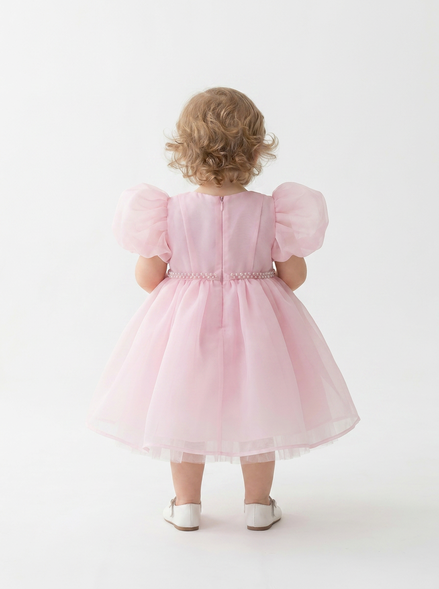 Pearl Puff Sleeve Tulle Dress – Baby Pink