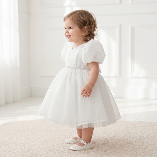Pearl Puff Sleeve Tulle Dress – White