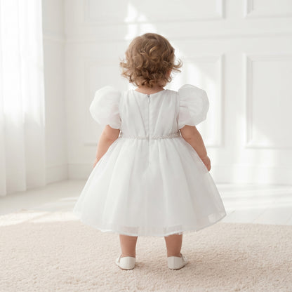 Pearl Puff Sleeve Tulle Dress – White