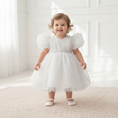 Pearl Puff Sleeve Tulle Dress – White